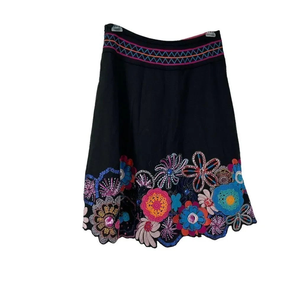 Bohemian Crochet Beaded Embroidered A Line Skirt Size 10 Vanity Collection Black